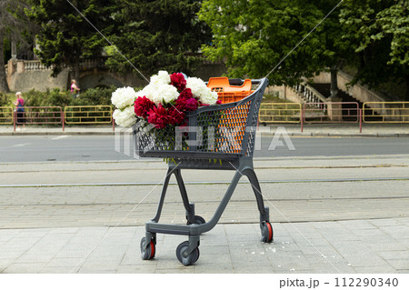 Flowers in a shopping cart, outdoors, summer. 112290340