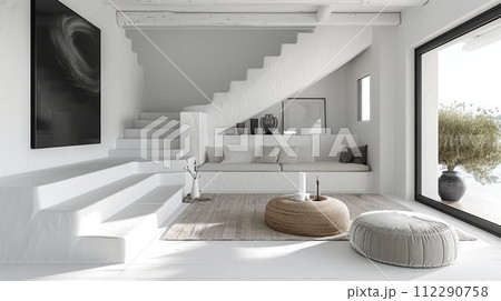 Modern Living Room With White Couch and Stairs 112290758