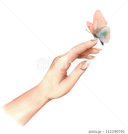 White woman's hand, palm side view, touching a delicate peach fuzz butterfly. Hand drawn watercolor illustration. Composition isolated from the background. 112290791