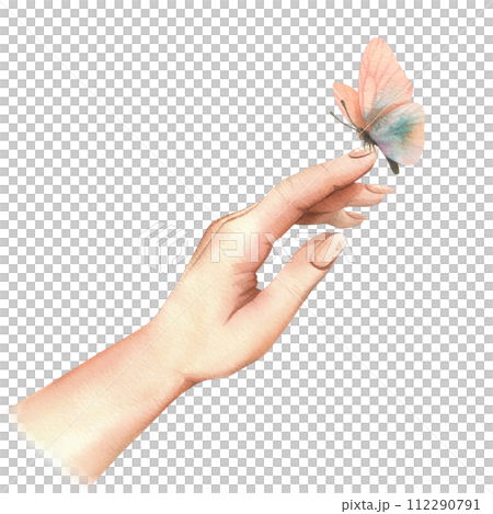 White woman's hand, palm side view, touching a delicate peach fuzz butterfly. Hand drawn watercolor illustration. Composition isolated from the background. 112290791