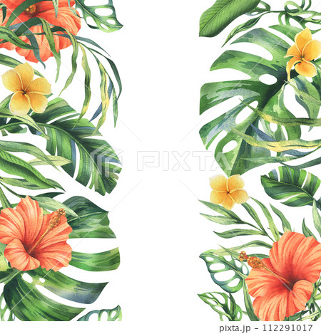 Tropical palm leaves, monstera and flowers of plumeria, hibiscus, bright juicy. Hand drawn watercolor botanical illustration. Template, frame isolated from the background. 112291017