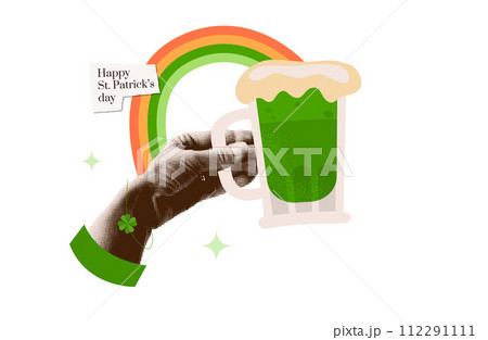 Halftone mixed media collage with hand holding beer mug with the rainbow over. Isolated y2k zine style card concept. Halftone mixed media collage with hand holding beer mug with the rainbow over. Isolated y2k zine style card concept. 112291111