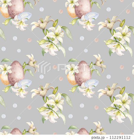 Easter eggs with pastel flower arrangement seamless pattern isolated on blue. White lily Christian symbol watercolor hand drawn. Design for Easter background, decoration, textile, packaging 112291112