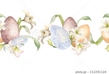 Easter seamless border with eggs and white flowers. Lilies pastel color watercolor illustration isolated on white. Lilium botanical art hand drawn. Design for Christianity holiday, Easter invitation 112291128