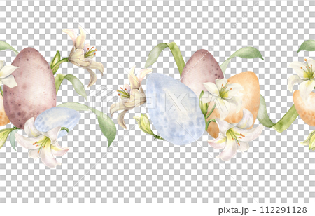 Easter seamless border with eggs and white flowers. Lilies pastel color watercolor illustration isolated on white. Lilium botanical art hand drawn. Design for Christianity holiday, Easter invitation 112291128