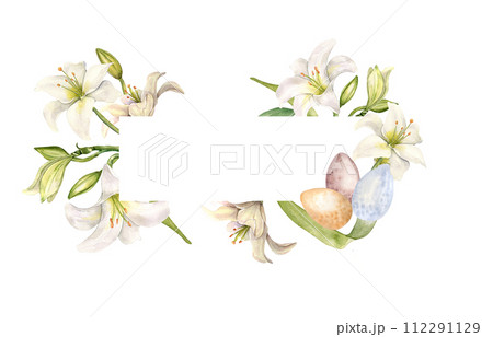 Floral frame with Easter eggs and white flowers. Lily and buds watercolor banner isolated on white. Lilium botanical art hand drawn. Design for invitation, Christianity holiday, Easter decoration 112291129