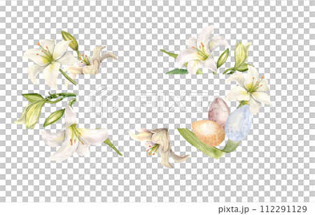 Floral frame with Easter eggs and white flowers. Lily and buds watercolor banner isolated on white. Lilium botanical art hand drawn. Design for invitation, Christianity holiday, Easter decoration 112291129