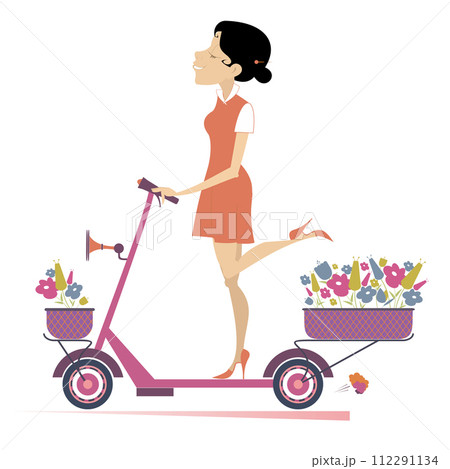 Pretty young woman, a scooter and bouquets of flowers illustration. Smiling young woman rides a scooter and carries a bouquets of flowers in the baskets isolated on white background Pretty young woman, a scooter and bouquets of flowers illustration. Smiling young woman rides a scooter and carries a bouquets of flowers in the baskets isolated on white background 112291134