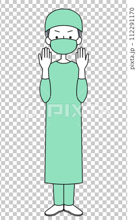 Illustration of a surgeon raising both hands (surgical gown) (male) 112291170
