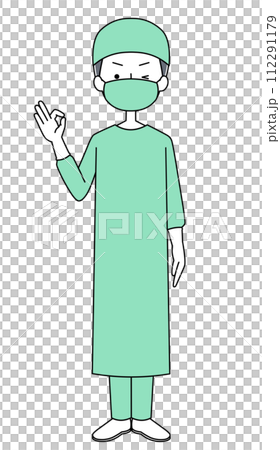 Okay sign Illustration of a surgeon (surgical gown) (male) Okay sign Illustration of a surgeon (surgical gown) (male) 112291179