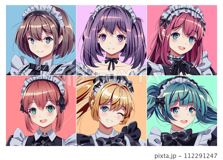 Kawaii maid cafe girls portraits vector logo illustration set Kawaii maid cafe girls portraits vector logo illustration set 112291247