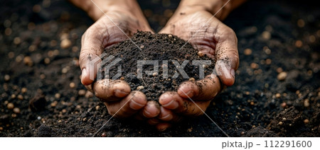 AI-generated content. Hands holding soil for checking soil quality before seed planting. Future agriculture concept using modern agriculture technologies. AI-generated content. Hands holding soil for checking soil quality before seed planting. Future agriculture concept using modern agriculture technologies. 112291600