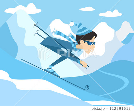 Cartoon skier woman illustration. Winter sport. Young skier woman in sunglasses isolated on white background 112291615