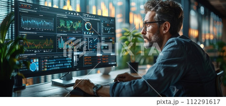 AI-generated content. In technology finance, operations, sales, marketing, and operations, an analyst uses a computer and dashboard to analyze data and monitor metrics. 112291617