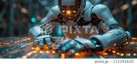 AI-generated content. A businessman uses technology AI for working tools. Chat bots communicate with AI, are animated robots that use artificial intelligence to generate things or help solve work 112291620