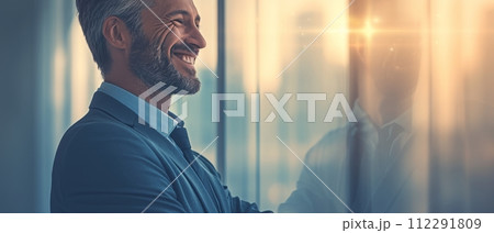AI-generated content. An experienced middle-aged businessman holding a fintech device with a smile stands outside his office holding a digital tablet and thinking. 112291809
