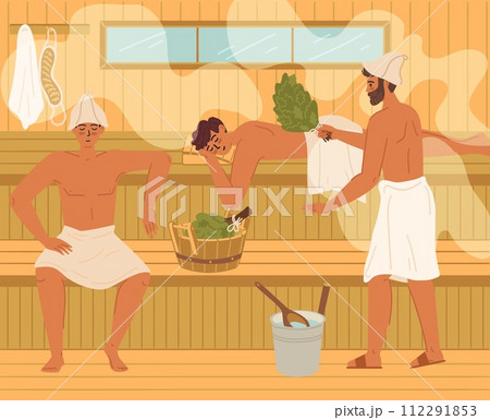 Group young male friends at sauna steam room scene 112291853
