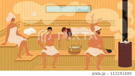 Group of young people relaxing at sauna steam room scene 112291880