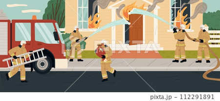 Firefighters rescue crew putting out house fire on street scene 112291891