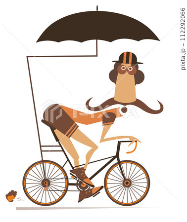 Cyclist rides a bike under an umbrella isolated illustration. Cartoon long mustache man in helmet rides a bike and protects himself from the rain and heat with umbrella isolated on white background 112292066