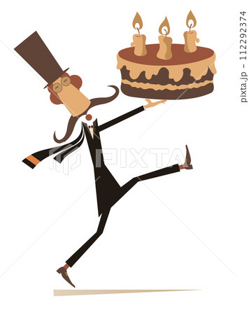 Cartoon man holds a cake with candles illustration. Funny long mustache man in the top hat holding a cake with candles isolated on white background 112292374