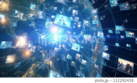 AI-generated content. Visual contents concept. Social networking service. Streaming video. Global communication network. Rendering in 3D. 112292438