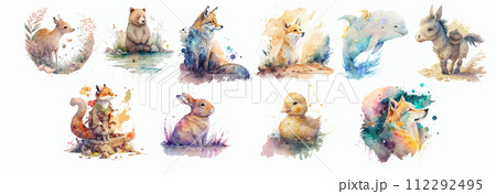 Watercolor Collection of Forest and Farm Animals: Vibrant Artistic Illustrations for Creative 112292495