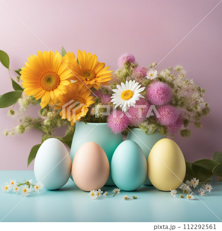 Pastel easter eggs with wildflower on pastel color background. 112292561