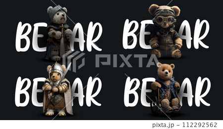 Unique Collection of Four Teddy Bears Dressed as Knights and Pilots, Displaying a Mix of Vintage and Fantasy 112292562
