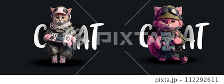 Adorable Cartoon Cats in Military Uniforms Operating a Control Panel: A Creative Illustration on Dark Background for Animation and Pet Adorable Cartoon Cats in Military Uniforms Operating a Control Panel: A Creative Illustration on Dark Background for Animation and Pet 112292611