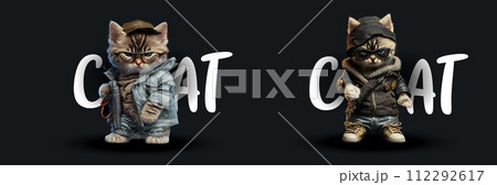 Biker Kittens: Adorable Illustrated Cats in Stylish Urban Outfits, Exuding Cool Attitude, Perfect for Modern Character Design 112292617