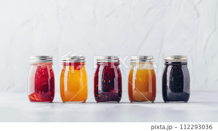 Set of colorful glass jars with iron lids and jam of different flavor, orange, red, black color on marble surface and white background Set of colorful glass jars with iron lids and jam of different flavor, orange, red, black color on marble surface and white background 112293036