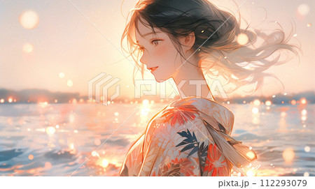 夕暮れの花火を見る浴衣の女性 夕暮れの花火を見る浴衣の女性 112293079