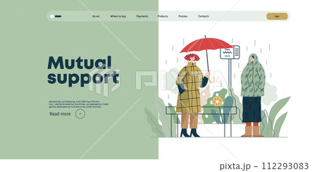 Mutual Support: Offer an umbrella to a stranger -modern flat vector concept illustration of a at a bus stop in the rain offering an umbrella A metaphor of voluntary, collaborative exchanges 112293083