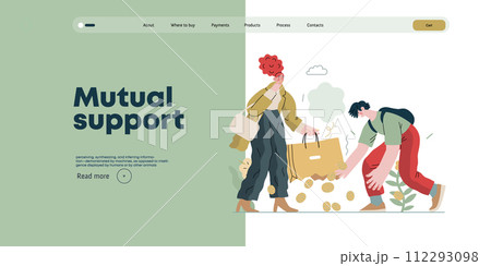 Mutual Support: Pick up fallen item -modern flat vector concept illustration of man collecting fruits that fell from woman's bag A metaphor of voluntary, collaborative exchanges of resource, services 112293098