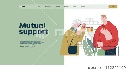 Mutual Support: Helping a visually impaired person -modern flat vector concept illustration of man offering to read label for woman in supermarket A metaphor of voluntary, collaborative exchanges 112293100