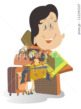 Cartoon young woman holds a lot of bags, camera and umbrella isolated. Woman with a big luggage or a lot of purchase is going to go on travel or shopping isolated on white background 112293107