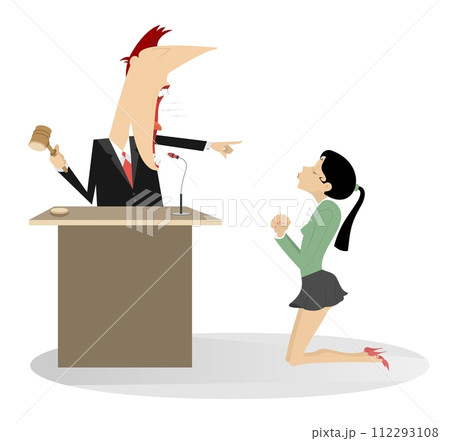 Judge court, judge and convicted woman illustration. Angry judge announces the sentence to a kneeling woman offender isolated on white background 112293108