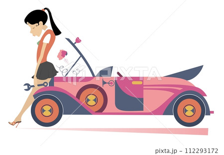 Sad young woman and broken car illustration. Upset woman with a wrench in the hand sits near a broken the car isolated on white Sad young woman and broken car illustration. Upset woman with a wrench in the hand sits near a broken the car isolated on white 112293172