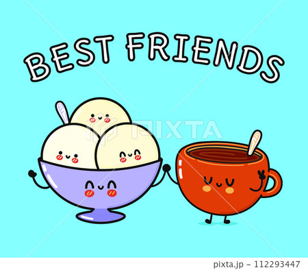 Cute, funny happy cup of coffee and ice cream character. Vector hand drawn cartoon kawaii characters, illustration icon. Funny cartoon cup of coffee and ice cream friends concept Cute, funny happy cup of coffee and ice cream character. Vector hand drawn cartoon kawaii characters, illustration icon. Funny cartoon cup of coffee and ice cream friends concept 112293447