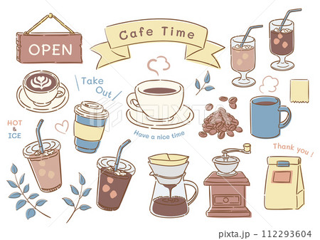 コーヒーのイラスト素材セット。カフェの挿絵。デザイン装飾用のベクター素材。 コーヒーのイラスト素材セット。カフェの挿絵。デザイン装飾用のベクター素材。 112293604