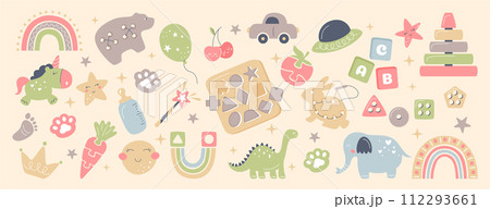 Boho baby nursery set with wooden montessori toys, rainbow, puzzle, abc cubes, animals 112293661