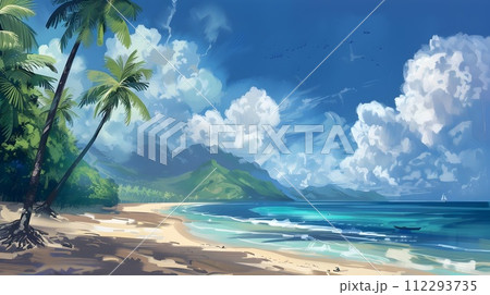Beach and Ocean Wallpaper with Palm Trees in the Style of Speedpainting 112293735
