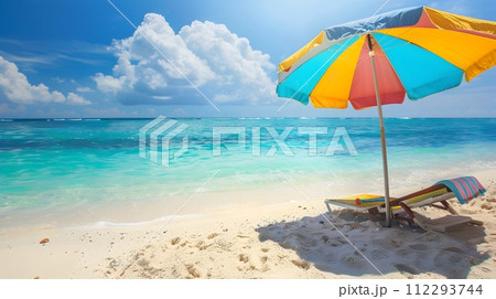 Colorful Umbrella on Beach in Seapunk Style 112293744