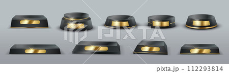 Award trophy podiums with golden tag vector illustration set 112293814