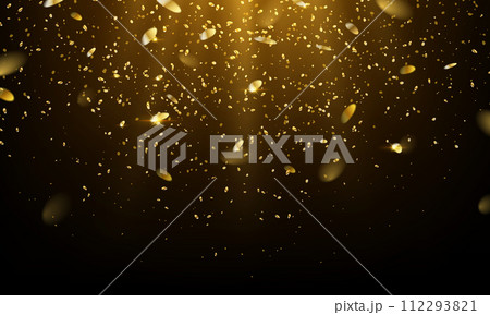 Golden glitter shower in light rays realistic illustration Golden glitter shower in light rays realistic illustration 112293821