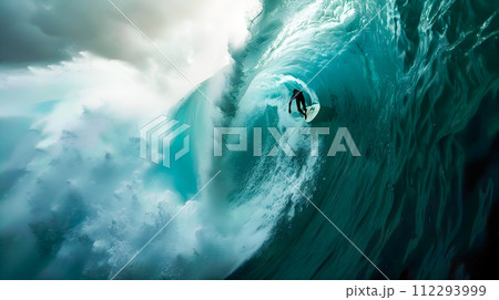 Exquisite Surfer Riding a Large Wave in the Ocean 112293999