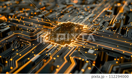 Golden Light 3D Rendering of Electronic Circuitry 112294000