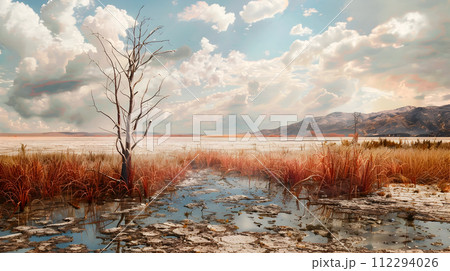 Lone Tree at the Edge of a Salt Lake in Montanas Alpine Desert Lone Tree at the Edge of a Salt Lake in Montanas Alpine Desert 112294026