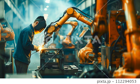 Welding Operator Working with Industrial Robots in a Factory Welding Operator Working with Industrial Robots in a Factory 112294053